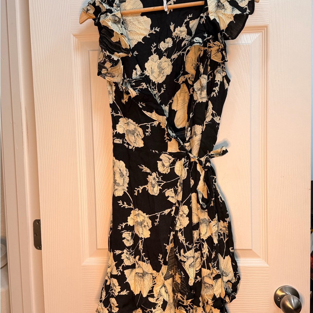 Free People Black Wrap Midi Dress with Cream Floral